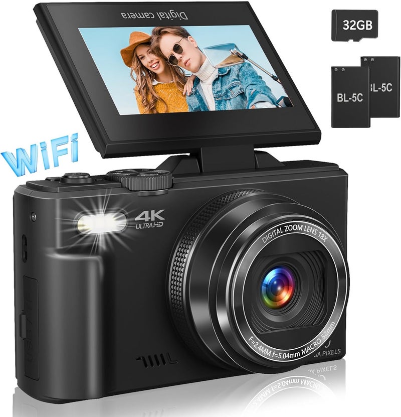 Gavonde كاميرا رقمية للتصوير، كاميرا فلوغينغ بدقة 4K لليوتيوب بشاشة قابلة للطي 3 بوصات بزاوية 180° وزوم رقمي 18X وكاميرات مدمجة بتصميم كلاسيكي مع بطاقة TF سعة 32GB و2 بطاريات، باللون الأسود - Image 1